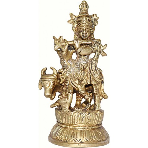 KRISHNA (Standing Krishna With Cow and  Flute), Best quality statue hand work in Nepal by Master Artist. Shiny Yellow (Golden) Color - Extra Small Size