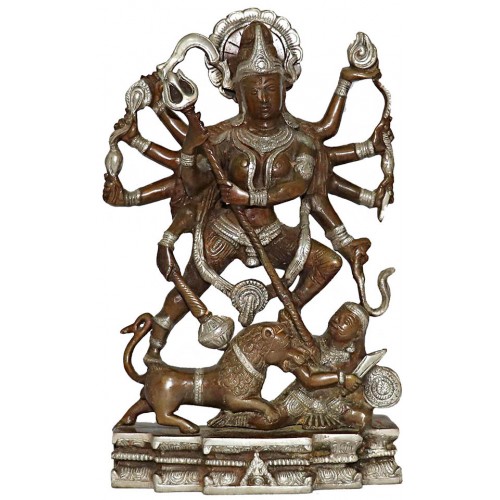 Kaali (Mahishasura Mardini) - Best quality statue hand work in Nepal by Master Artist. Silver and Brown Mixed Color - Large Size