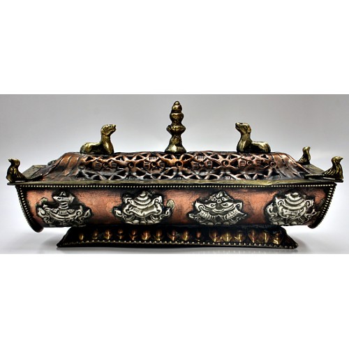 Incense burner with dears and Dharma pillar, eight auspicious and bajra, Bronze  - Medium Size