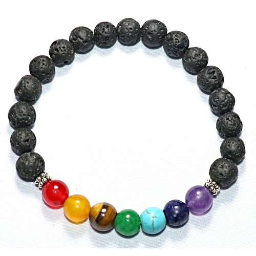 Chakra Braclet (Seven chakra stone and Black Lava Stone), Powerful Stones - 8 mm (app)