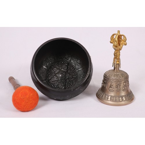 SAROS - Aluminium, Pancha Buddha Carved, Cast Moulded Singing Bowl - Extra Small Size