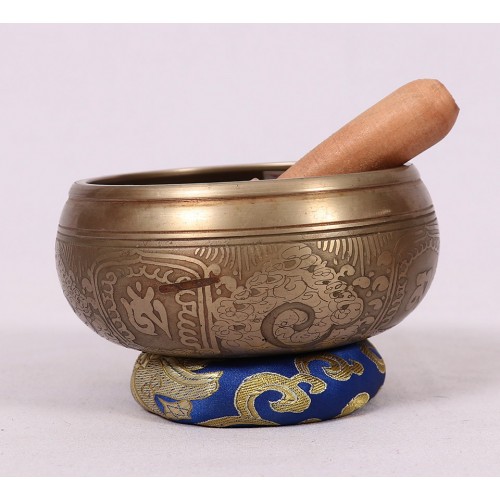 G (SOL)- Brass, Etching with (White Tara) Dice, Cast Moulded Singing Bowl - Extra Small Size