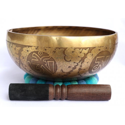 Solfeggio S01 - Healing, Therapeutic, Handmade, Jhumkabati, Etching, Carving (Om mani padhme hum / Double bajra), Singing Bowl - Medium Size