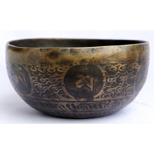 Platonic Year - Planetary, Therapeutic, Handmade, Nerabati, Etching, Carving (Shree Yantra Vector Symbol / Buddha's Eyes), Singing Bowl - Extra Small Size