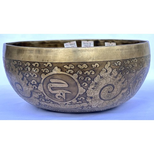 Saturn - Planetary, Therapeutic, Handmade, Jambati, Etching, Carving (Parasol (Eight auspicious symbol)  / Double Bajra), Singing Bowl - Medium Size