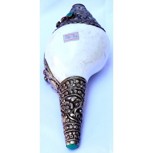 Metal Conch Shell(SHANKHA), powerful ancient healing (therapeutic) instrument, Hand work, Beautiful Design, White Color - Medium Size