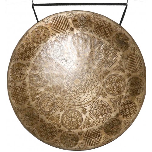 MASTER CARVED SPECIAL SYMBOLS COMBINATION RARE GONG - professional gong with Eight Auspicious symbols, Flower of life, Sri Yanrtra (mandala ) and OM Yantra - Large Size